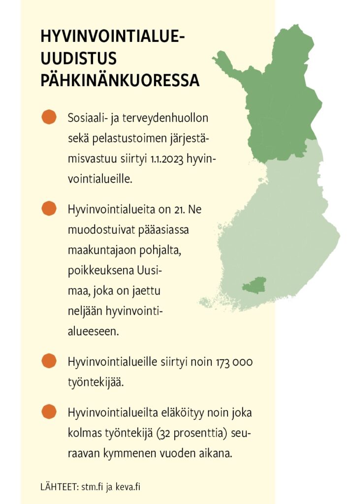 Hyvinvointialueiden moninaisuus näkyy kartalla. Lapin hyvinvointialue muodostuu 21 kunnasta. Kanta-­Hämeen hyvinvointialue muodostuu 11 kunnasta. Lähde: https://stm.fi/hyvinvointialueet-kartalla